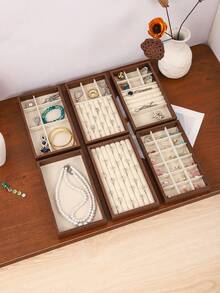 6/1pc Wooden Velvet Jewelry Tray, Jewelry Storage & Display Tray, Drawer-Style Earring Storage Box, Stackable Jewelry Storage Tray, Multi-Functional Jewelry Display Tray, Portable Multi-Purpose Storage Box, Desk Drawer Organizer - Multicolor - View 11