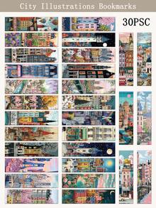 30pcs City Illustrations Bookmark Cartoon Reading Pages, Book Label Decorations, Creative Gifts For Students, DIY Page Label Bookmarks, Back To School Decor - City Illustrations Bookmark - View 7