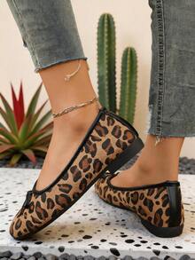Leopard Print Square Toe Ballet Flats, Black Trim Bow Slip-On Shoes, Vintage Soft Sole Women's Daily Commute Shoes - Brown - View 5