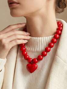 1pc Red Round Bead Heart Pendant Necklace, Gothic Exaggerated Women's French Minimalist Design Collarbone Chain, Daily Dopamine Candy Color - Red - View 1