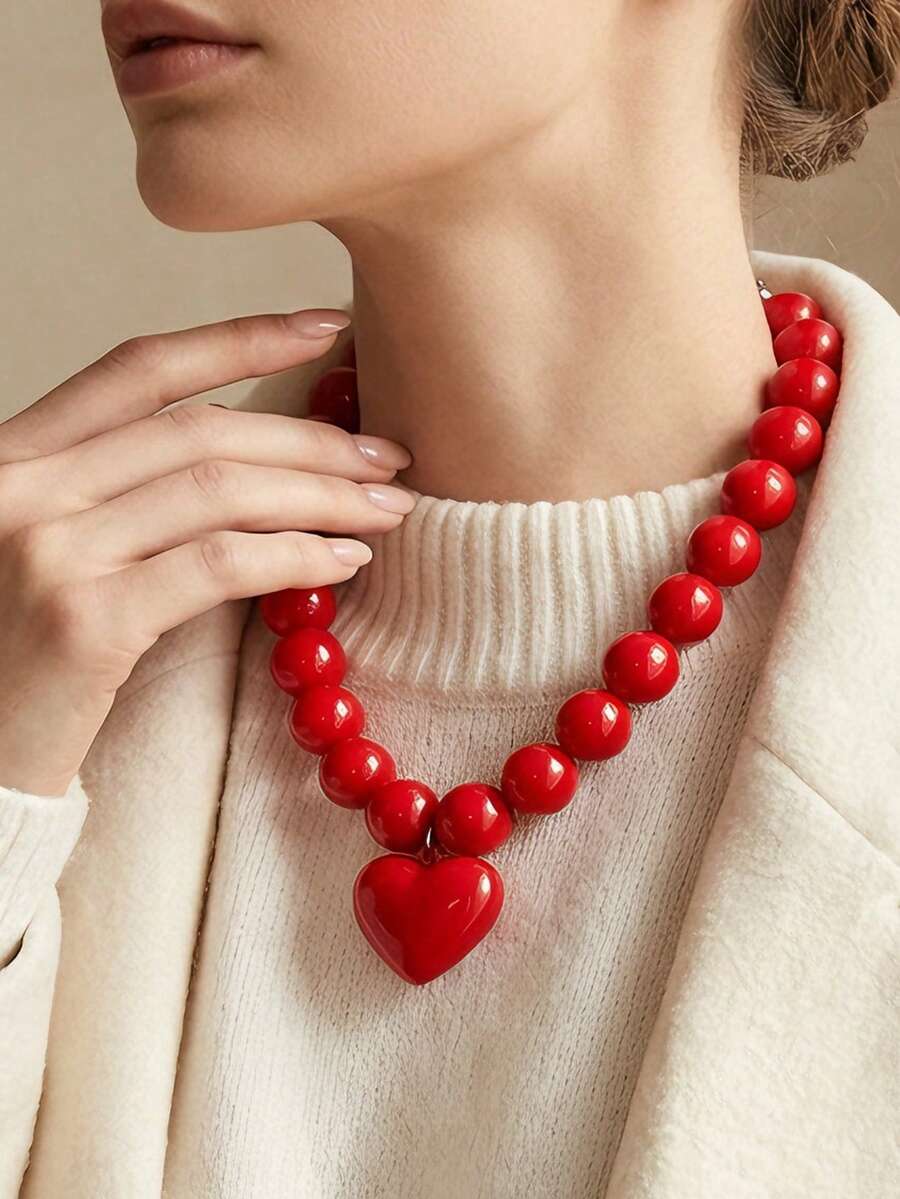 1pc Red Round Bead Heart Pendant Necklace, Gothic Exaggerated Women's French Minimalist Design Collarbone Chain, Daily Dopamine Candy Color - Red - View 1