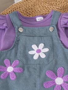 2pcs Baby Girl Cute Casual Ribbed Top & Towel Embroidery Corduroy Overalls Set, Thin Spring/Autumn - Purple - View 4