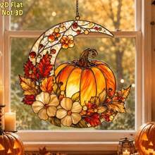 2D Flat Design 1pc Harvest Month Pumpkin Halloween Acrylic Sun Catcher, Autumn Maple Leaf Window Hanging Decor, Thanksgiving Rustic Wall Decoration Gift - A - View 1