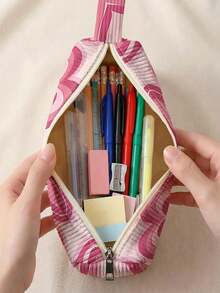 1pc Pink Love Print Corduroy Foldable Pencil Case With Side Pocket & Handle, Multi-Use Bag For School & Travel Essentials - Rose Red - View 2