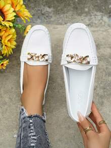 Women's Spring New Golden Chain Elegant Loafers, Lightweight Comfortable Versatile Rubber Flat Slip-On Shoes - White - View 2
