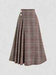 EARO Women's Vintage Plaid Long A-Line Skirt With Gold Buttons, Suitable For Autumn Wear - Brown - View 2