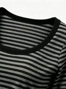 Women's Striped Pure Cotton Long Sleeve Crew Neck Cropped T-Shirt, Autumn Daily Wear Essential - Black - View 7