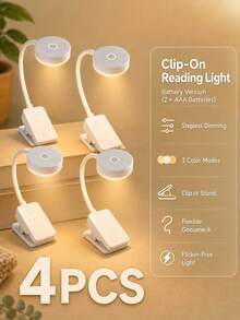 4pcs 4-LED Black/White Clip-On Book Light, Eye-Care Reading Lamp, 3 Color Temperatures, Dimmable, Mini Portable Clip-On Reading Light (Battery Not Included) - Multi-color - View 1