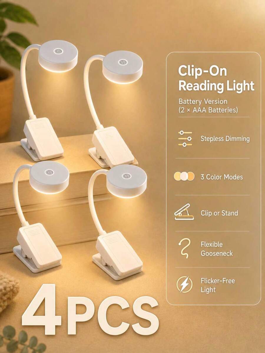 4pcs 4-LED Black/White Clip-On Book Light, Eye-Care Reading Lamp, 3 Color Temperatures, Dimmable, Mini Portable Clip-On Reading Light (Battery Not Included) - Multi-color - View 1