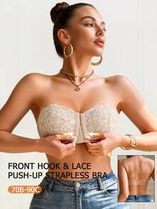 1pc Women's White Underwire Front Closure Lace Bra, Sexy Comfortable Lift Support Push-Up Lingerie, Strapless Bra - Beige - View 12