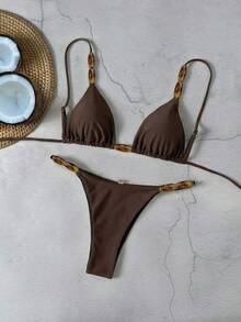 Bikinx Elegant Women's Spaghetti Strap Bikini Set, With Beaded Details And Tie-Up Bottom, High Elasticity Backless Swimsuit - Coffee Brown - View 7