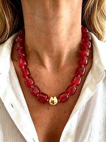 2/1pc Vintage Minimalist Casual Style Women's Green And Red Acrylic Beaded Necklace Set, Suitable For Daily, Vacation And Party Wear, Holiday Gift - Multicolor - View 4