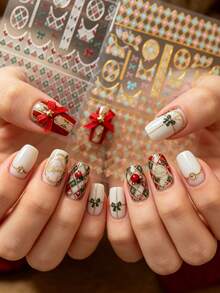 1 Sheet Gold Foil Christmas Plaid Nail Stickers, Luxury Xmas Grid Bow Self Adhesive Nail Art Decorations - Multicolor - View 1
