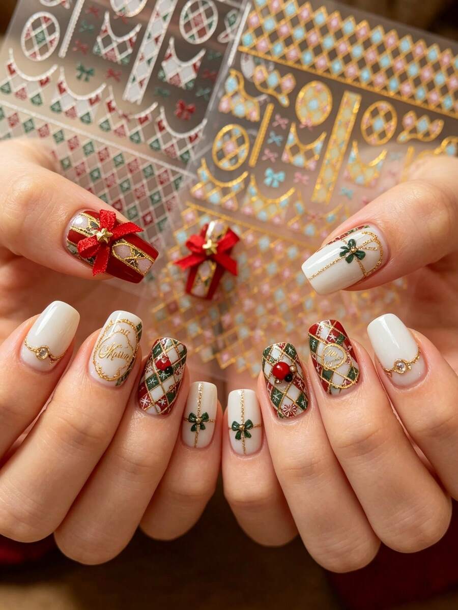 1 Sheet Gold Foil Christmas Plaid Nail Stickers, Luxury Xmas Grid Bow Self Adhesive Nail Art Decorations - Multicolor - View 1