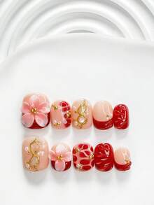秋季 10 片裝優雅復古風手工穿戴甲，Polygel 美甲套組，花卉紅指甲油，傳統中式花卉風格，3 種尺寸可選，方型/短方型/杏仁形，適合派對、跳舞、日常穿戴（手工細節可能有所不同） - 彩色 - 查看 2