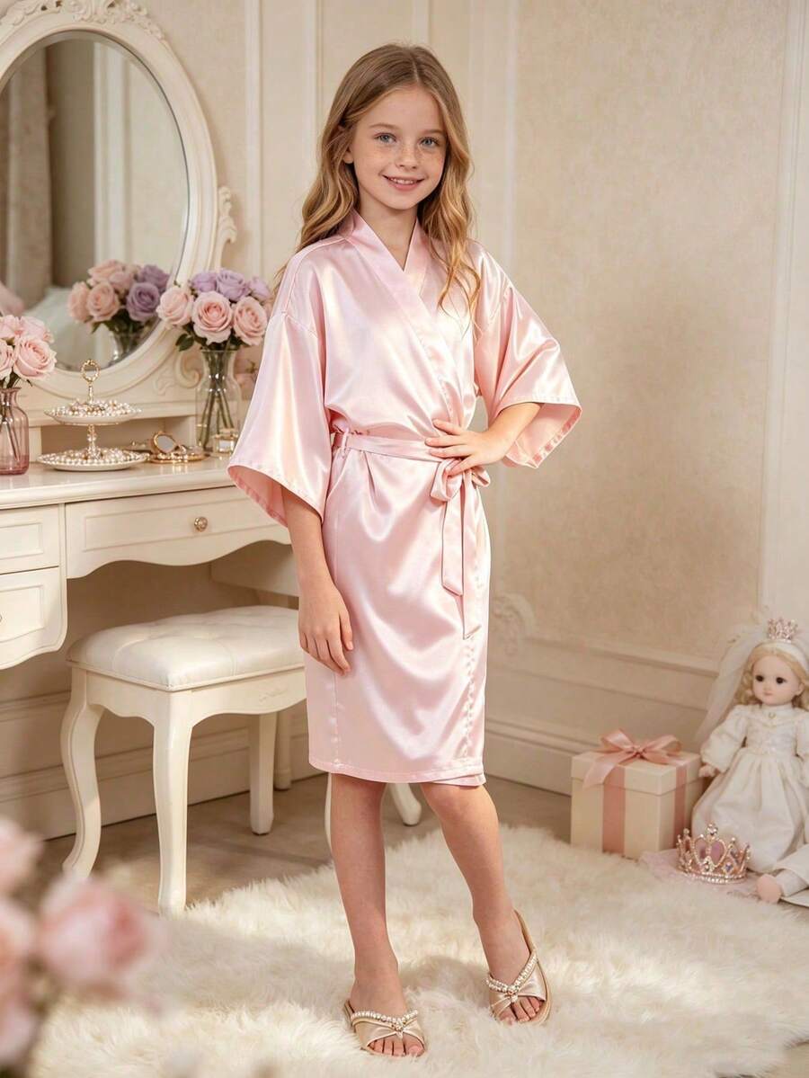 Girls' Comfortable Soft Japanese Style Small V-Neck 3/4 Sleeve Solid Color With Belt Knee-Length Nightgown, Loungewear, Morning Robe - Baby Pink - View 1