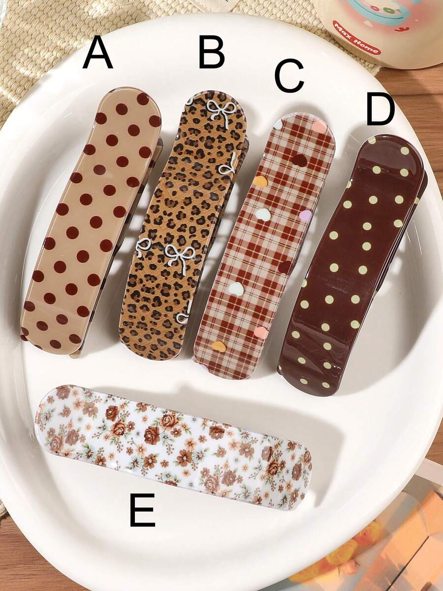 1pc Acetate Material Fresh Korean Style Retro Polka Dot Plaid Alligator Hair Clip Girl Side Bangs Clip Versatile Hair Accessory - Multicolor - View 1