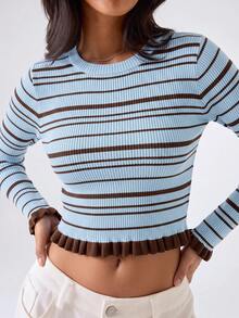 Sweater Rajut Bergaris Biru & Cokelat Vintage Kasual Musim Gugur Wanita, Atasan Pendek Bergaris dengan Hem Berumbai, Atasan Pendek Bergaris Wanita, Atasan Bergaris Kasual Wanita Musim Gugur - biru-coklat - View 3
