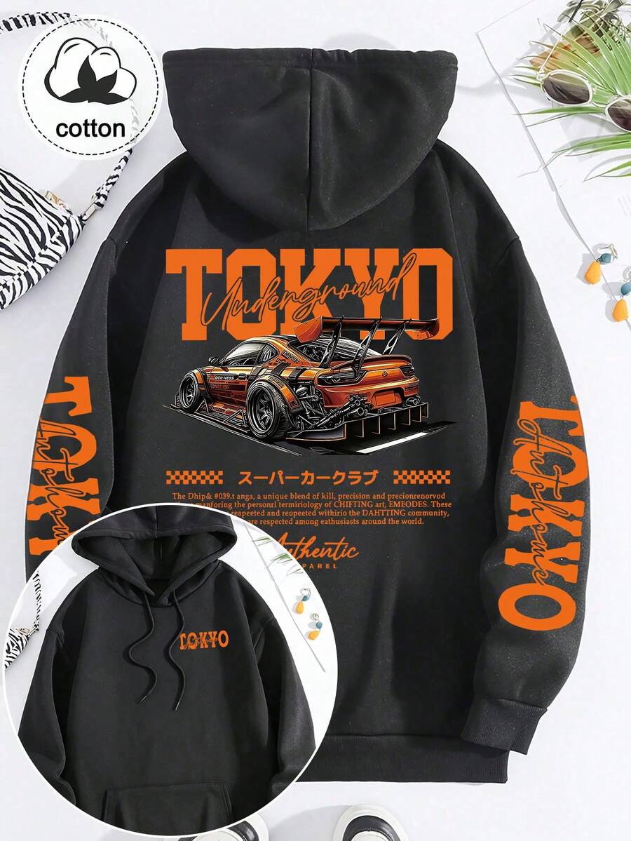 Women's Black Autumn Drawstring Hooded Sweatshirt, Letter And Car Graphic Print, With Pockets - Black - View 1