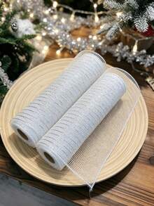 9M Metallic Deco Mesh Roll, Christmas Tree Decor, DIY Wreath Making Supplies, Gold & Silver Thread Mesh Fabric, Holiday Craft Decor Accessories - 1 Roll 9 Meters - View 16