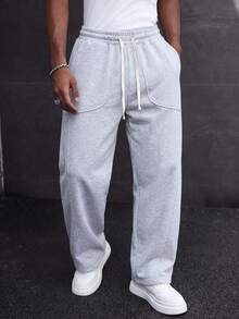 MAISONFOX Men's Light Gray Loose Drawstring Patchwork Pocket Sweatpants, Casual Street Style Joggers, Comfortable Daily Wear Bottoms - Light Grey - View 6