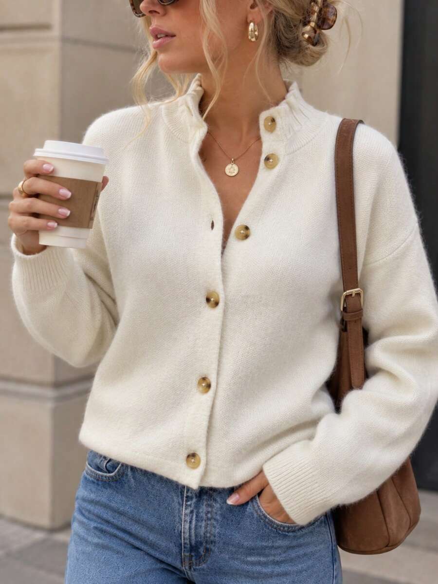Women's Ruffle Collar Front Button Long Sleeve Soft Knit Cardigan, Autumn Back To School Daily Vintage Coffee Style Casual Jacket - White - View 1