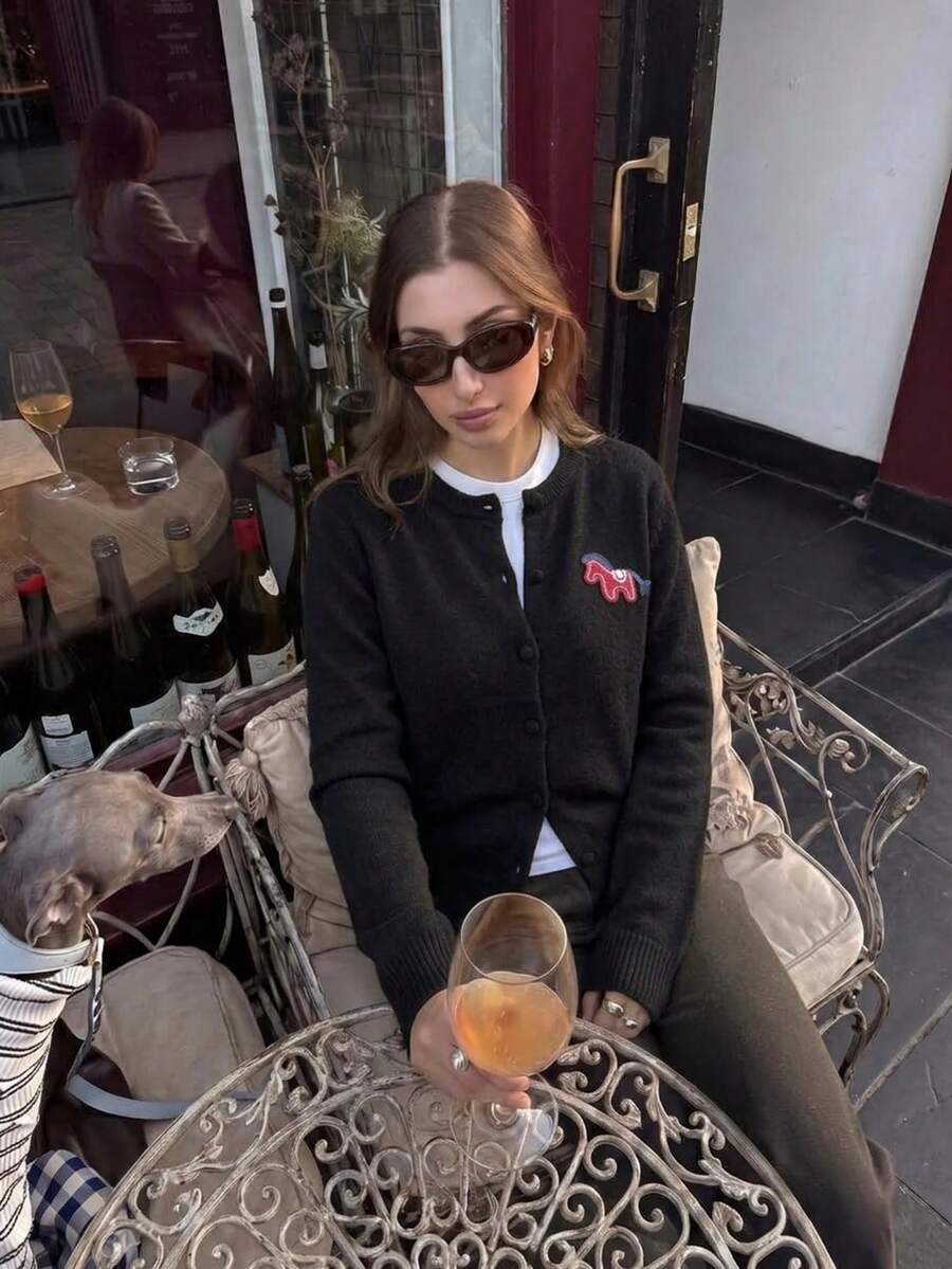 Women's Embroidered Horse Pattern Front Button Knit Cardigan, Round Neck Long Sleeve Black Soft Elastic Preppy Casual Autumn Outfit - Black - View 1