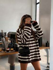 Women's New Minimalist Versatile Casual Striped Drop Shoulder Long Sleeve Sweater - Coffee and Off-white - View 1