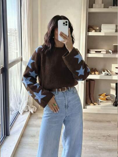 Y2K Women's Star Pattern Fuzzy Knit Cropped Top, Autumn/Winter Long Sleeve Casual Daily Social Vacation Outfit Top
