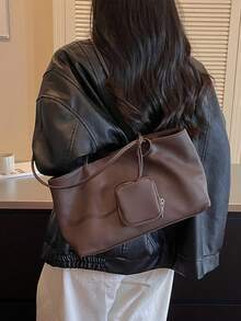 Vintage Brown Tote Bag With Small Square Pouch, Minimalist Large Capacity, Practical Commuter Women's Shoulder Bag - Coffee - View 5