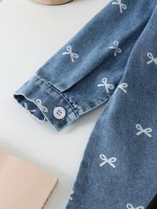 3pcs Baby Girl Vintage Casual Printed Long Sleeve Denim Jacket, Black Camisole Top And Shorts Set, Lightweight For Spring And Autumn - Light Wash - View 7
