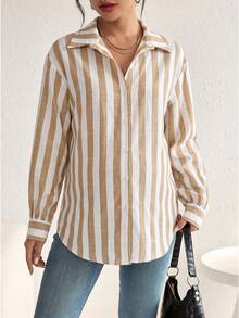 Bump Style Maternity Brown Striped Long Sleeve Button Down Shirt Jacket Loose Non-Stretch Blouse Matching Set - Brown - View 3