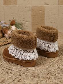 Sweet Lace Trim Girls' Boots, Beige Almond Color, Shiny Surface, Slip-On Style, Thick Fleece Lining, Non-Slip, Princess Style, Versatile Comfortable Ankle Boots For Kids - Khaki - View 2