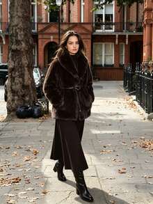 THREADLY Autumn/Winter New Faux Fur Effect Mid-Length Thick Warm Coat Jacket With Belt Brown - Brown - View 2