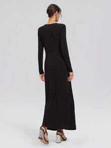 Rich Radi Q's Gaun Wanita Hitam Lengan Panjang Leher V Model A-Line, Dihiasi Detail Rhinestone Berkilau, Gaun Rok Lebar - Hitam - View 4