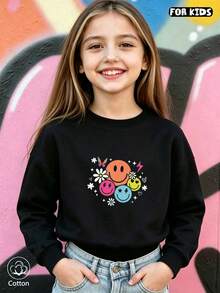 Children's Round Neck Hoodie With Colorful Smiling Faces, Comfortable And Breathable, Suitable For Daily Life In Spring And Autumn. - Black - View 3