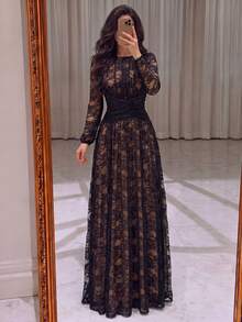 Gaun Malam Lengan Panjang Berenda Hitam yang Menawan, Desain Leher Perahu, Detail Lipit, Hem Mengembang, Cocok untuk Acara Formal - Hitam - View 4