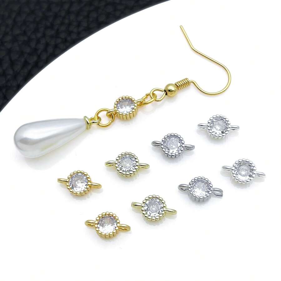 2pcs 18K Gold Plated Round CZ Connector Charms Double Loops Zirconia Link Crystal Spacer For DIY Bracelet Necklace Earrings Handmade Jewelry Making - Multicolor - View 1
