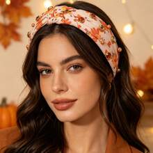 1pc Thanksgiving Knotted Headband, Plaid Pumpkin Rhinestone Decor Headband, Autumn Holiday Party Hair Accessory For Women - Multicolor - View 1