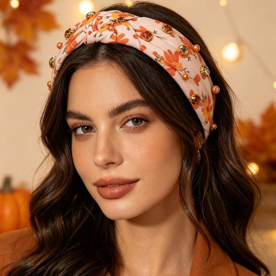 1pc Thanksgiving Knotted Headband, Plaid Pumpkin Rhinestone Decor Headband, Autumn Holiday Party Hair Accessory For Women - Multicolor - View 1