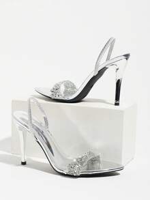 Women's Silver Mirror One-Strap Pointed Toe Slingback High Heel Sandals With Rhinestone Decor, Formal Dress Shoes, Versatile For Spring/Summer Commute, Party, Wedding, Outdoor Wear, Fashionable - Silver - View 4