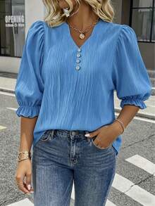 Plus Size Women's V-Neck 3/4 Sleeve Ruffle Solid Color Blouse, Button Decor On Chest, Princess Sleeve Sweet Blouse For Vacation, Party, Date, Daily Wear - Dusty Blue - View 1