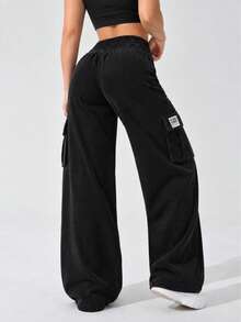 Women's Black Wide Leg Cargo Sweatpants With Elastic Drawstring Waist And Side Pockets, Casual Pants For Everyday Wear - Black - View 2
