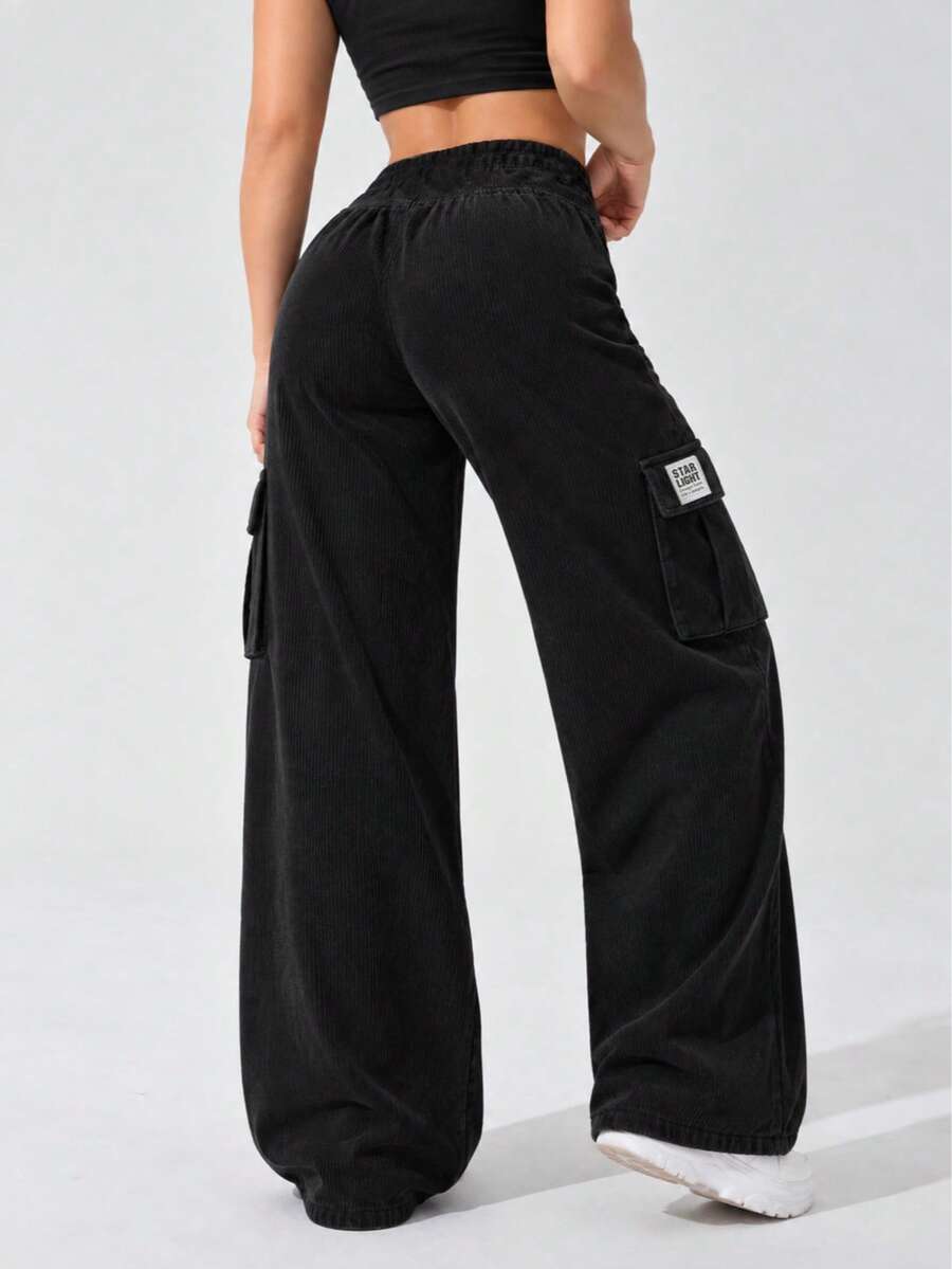 Women's Black Wide Leg Cargo Sweatpants With Elastic Drawstring Waist And Side Pockets, Casual Pants For Everyday Wear - Black - View 1