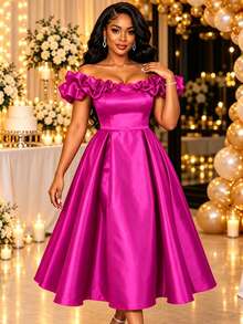 AOMEI Women's Princess Style Creamy Magenta Pleated Cold Shoulder 3D Ruffle A-Line Dress, Suitable For Birthday Parties And Proms - Hot Pink - View 7