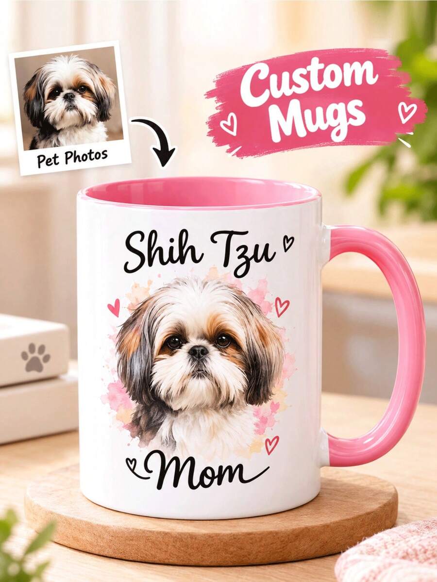 Personalized Pet Photo Mug, Custom Name Ceramic Coffee Cup, 11oz Pink Handle Mug, Custom Pet Portrait Cup For Dog Mom Cat Mom, Personalized Gift For Pet Lovers, Birthday Gift, Mother's Day Gift, Christmas Gift - Normal - View 1