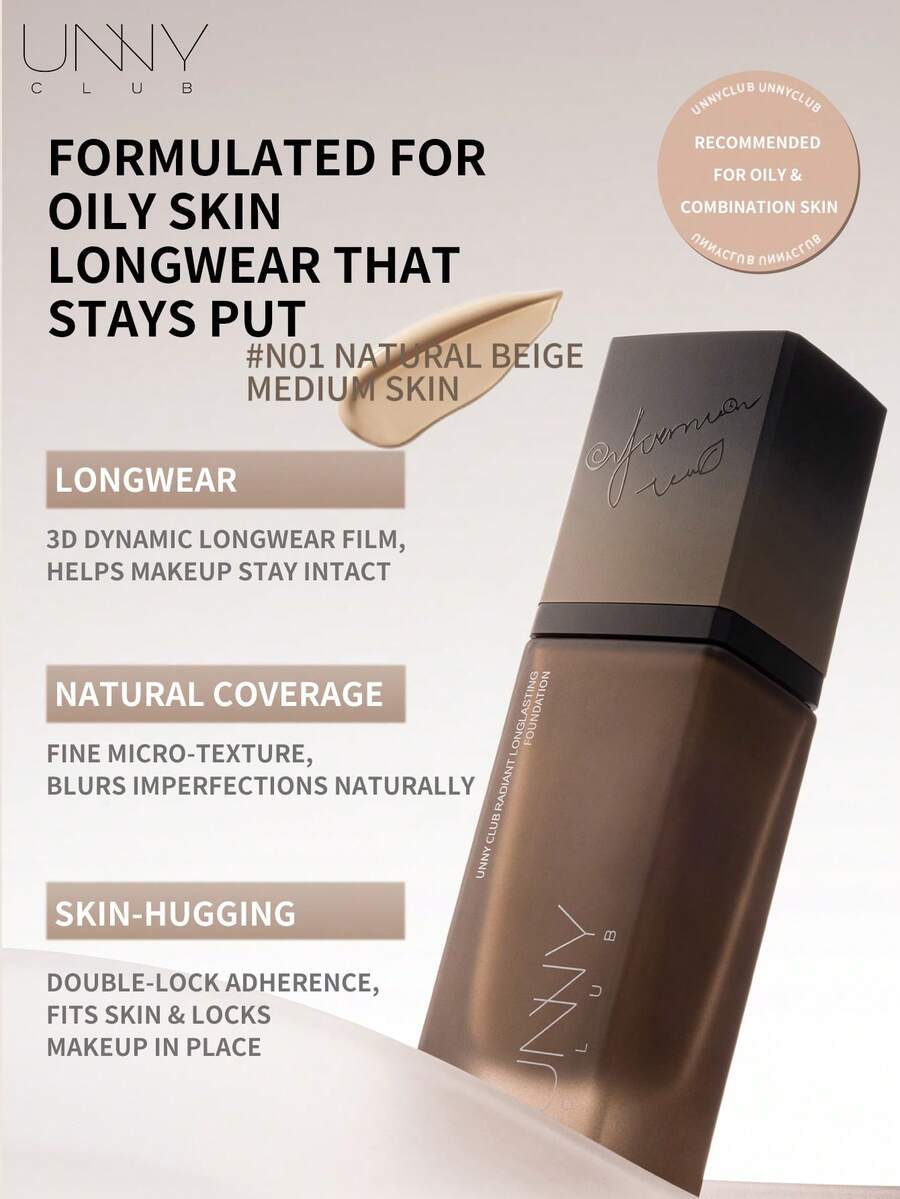 UNNY CLUB Foundation untuk Kulit Berbasis Minyak, Hasil Akhir Matte Velvet, Tahan Lama 24 Jam, Coverage Alami Tanpa Terlihat Kusam, Pembentukan Lapisan Dalam 3 Detik, 30ml, Kosmetik Merek Kecantikan - No. 1 - View 1