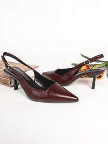 女款黑色高跟鞋，slingback 涼鞋，細高跟，派對鞋，婚禮鞋，7cm 正式鞋，穿脫式高跟鞋配扣飾後背帶，露背尖頭涼鞋 - 酒紅色 - 查看 3