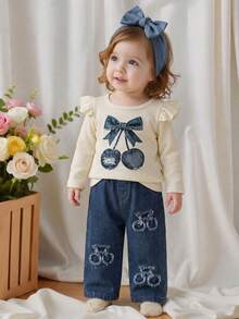 Baby Girl Spring/Autumn Casual 2-Piece Set, Waffle Knit Flutter Sleeve Long Sleeve Denim Cherry Bow Print Top + Dark Denim Frayed Hem Cherry Patchwork Straight Leg Pants - Apricot - View 2