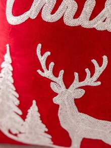 1pc 3D Embroidered Velvet Deer & Tree Pillow Case, Without Pillow Insert, Christmas Theme, All-Season Decorative Cushion Cover, Suitable For Living Room, Bedroom, Machine Washable - Red Cloth Reindeer With Tree - View 4